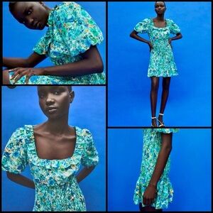 Zara Floral Print Smocked Bodice Ruffle Hem Square Neck Puff Sleeve Mini Dress S